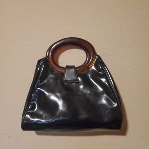 Vintage Black Patent Vinyl Top Handle Bag Tortoiseshell Ring Handles Retro